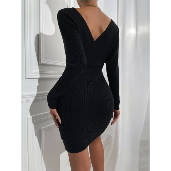 Fitted Off Shoulder Ribbed Sweater Dress Black Fall winter classy sexy evening - Picture 10 of 10
